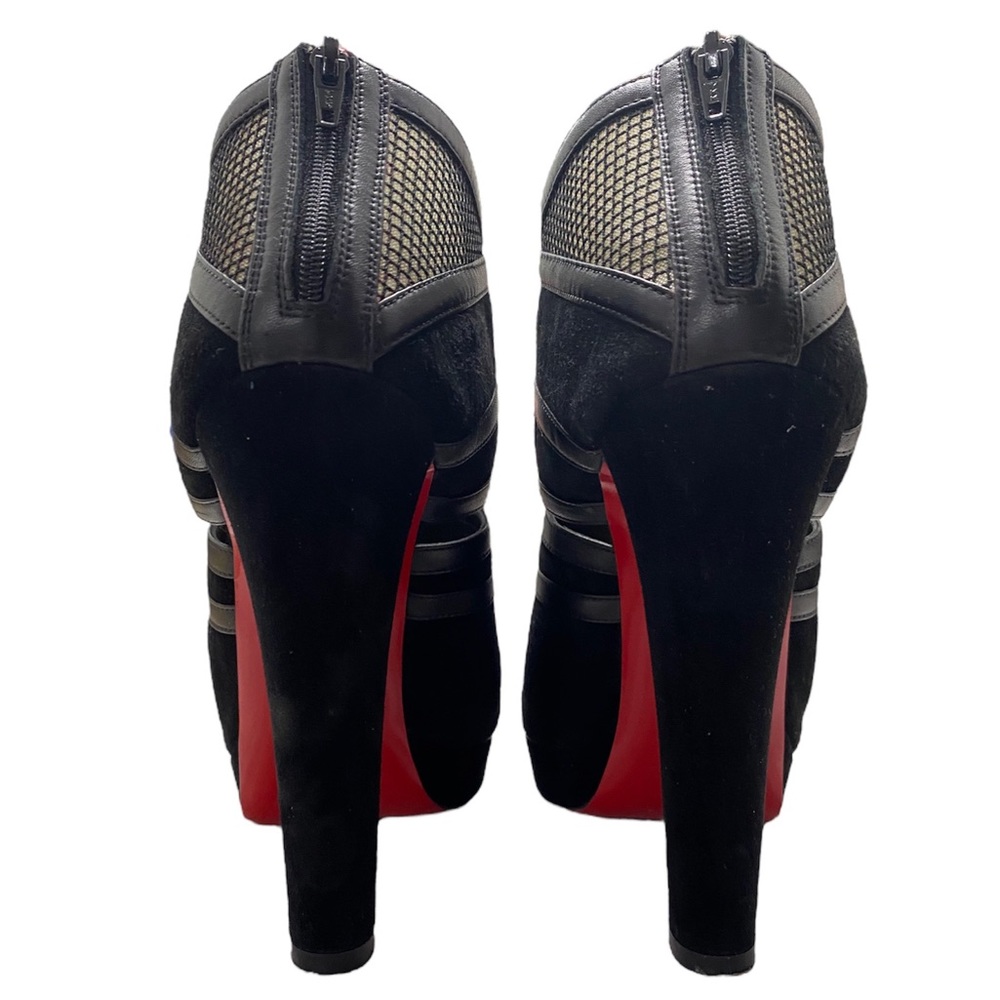 Christian Louboutin Commandanta Suede/Mesh Peep-Toe Red Sole Black Booties - Picture 5 of 11